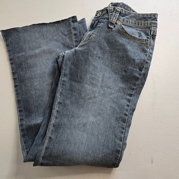 Angels Jeans Juniors 3 Blue Flare Raw Hem Ankle Embordered Sequin Bejeweled - Picture 8 of 16